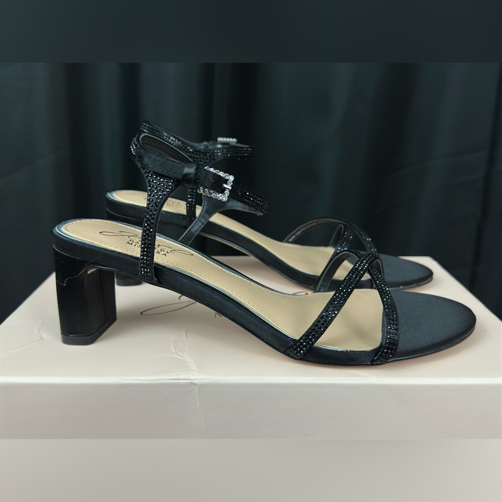 Jewel Badgley Mischka  Omari II Evening Sandals Black Satin & Rhinestones    NWT